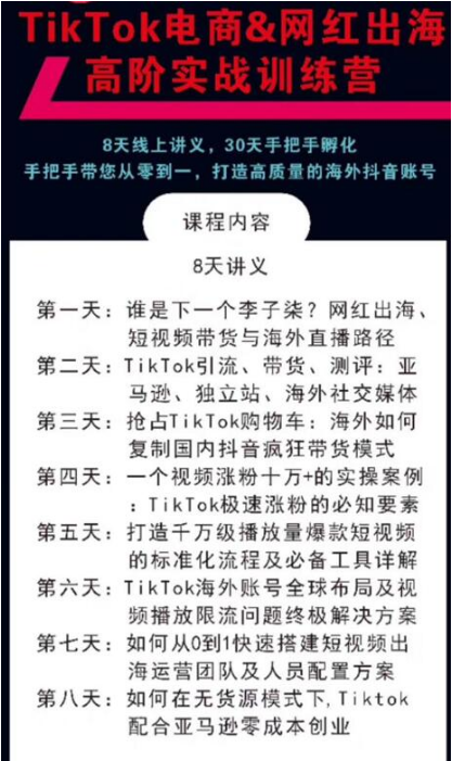 TikTok电商&网红出海高阶实战训练营：30天手把手孵化，打造高质量海外抖音账号-一号资源库