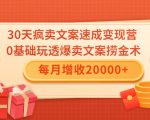 30天疯卖文案速成变现营，0基础玩透爆卖文案捞金术！每月增收20000+-一号资源库