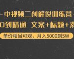 中视频二创解说训练营：从0到精通 文案+标题+素材、月入5000到5W-一号资源库