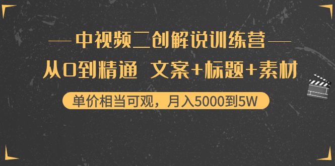 中视频二创解说训练营：从0到精通 文案+标题+素材、月入5000到5W-一号资源库