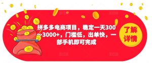 2023拼多多电商项目，稳定一天300～3000+，门槛低，出单快，一部手机即可完成-一号资源库