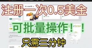 国外项目注册一次0.5美金，只需三分钟无脑操作，可批量同时放大操作，小白工作室福利【揭秘】-一号资源库