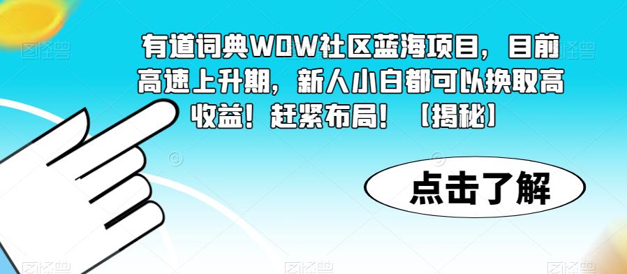 有道词典WOW社区蓝海项目，目前高速上升期，新人小白都可以换取高收益！赶紧布局！【揭秘】-一号资源库