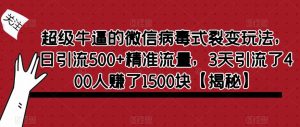 超级牛逼的微信病毒式裂变玩法，日引流500+精准流量，3天引流了400人赚了1500块【揭秘】-一号资源库