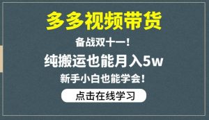 多多视频带货，备战双十一，纯搬运也能月入5w，新手小白也能学会-一号资源库