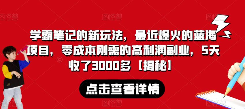 学霸笔记的新玩法，最近爆火的蓝海项目，零成本刚需的高利润副业，5天收了3000多【揭秘】-一号资源库