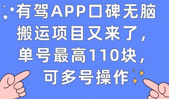 有驾APP口碑无脑搬运项目又来了，单号最高110块，可多号操作-一号资源库