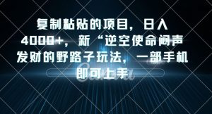 复制粘贴的项目，日入4000+，新“逆空使命“闷声发财的野路子玩法，一部手机即可上手-一号资源库