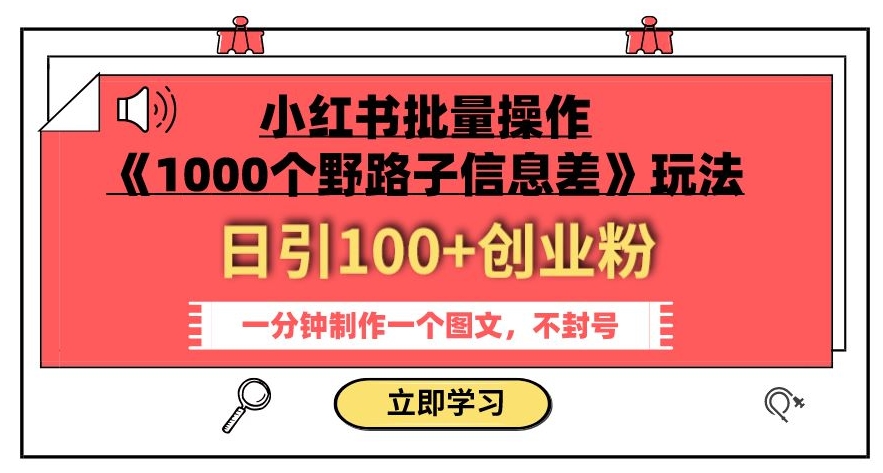 小红书批量操作《1000个野路子信息差》玩法，一分钟制作一个图文，不封号，日引100+创业粉-一号资源库