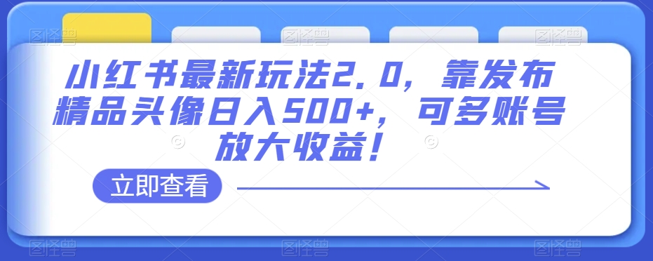 小红书最新玩法2.0，靠发布精品头像日入500+，可多账号放大收益！【揭秘】-一号资源库