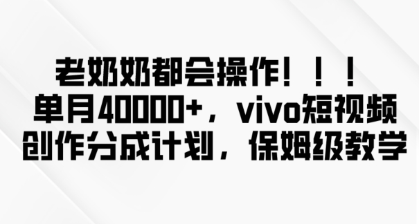 老奶奶都会操作，新平台无脑操作，单月40000+，vivo短视频创作分成计划【揭秘】-一号资源库