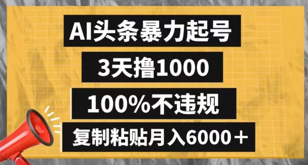 AI头条暴力起号，3天撸1000,100%不违规，复制粘贴月入6000＋【揭秘】-一号资源库