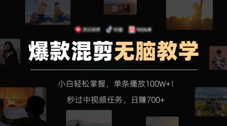 爆款混剪无脑教学，小白轻松掌握，单条播放100W+！秒过中视频任务，日赚700+【揭秘】-一号资源库