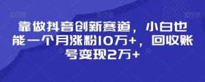 靠做抖音创新赛道,小白也能一个月涨粉10万+,回收账号变现2万+【揭秘】-一号资源库