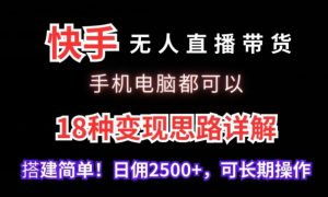 快手无人直播带货，手机电脑都可以，18种变现思路详解，搭建简单日佣2500+【揭秘】-一号资源库