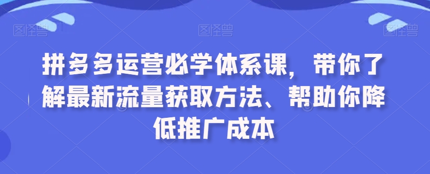 拼多多运营必学体系课，带你了解最新流量获取方法、帮助你降低推广成本-一号资源库