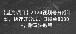 【蓝海项目】2024视频号分成计划，快速开分成，日爆单8000+，附玩法教程-一号资源库