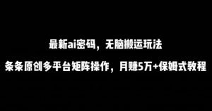 最新ai流量密码,傻瓜式搬运玩法,条条原创,多平台矩阵操作,月赚5万+保姆式教程【揭秘】-一号资源库