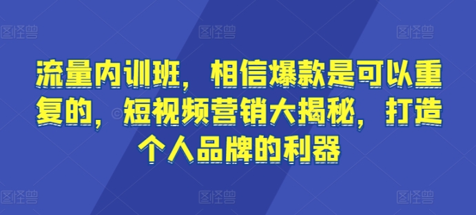 流量内训班，相信爆款是可以重复的，短视频营销大揭秘，打造个人品牌的利器-一号资源库