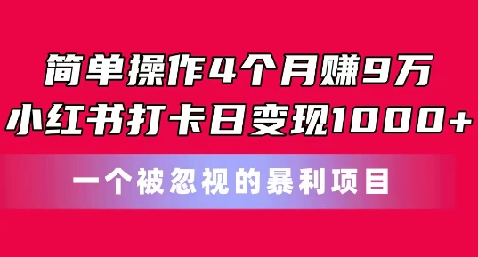简单操作4个月赚9w，小红书打卡日变现1k，一个被忽视的暴力项目【揭秘】-一号资源库