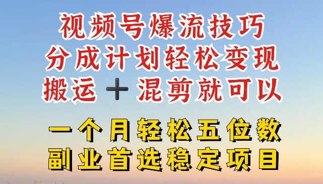 视频号爆流技巧，分成计划轻松变现，搬运 +混剪就可以，一个月轻松五位数稳定项目【揭秘】-一号资源库