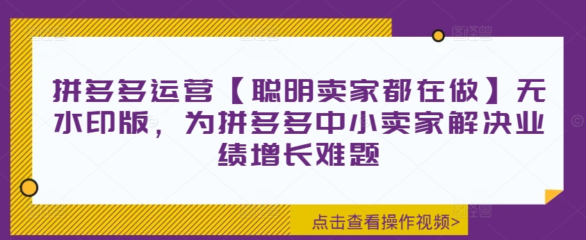 拼多多运营【聪明卖家都在做】无水印版，为拼多多中小卖家解决业绩增长难题-一号资源库
