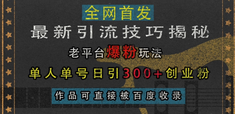 最新引流技巧揭秘，老平台爆粉玩法，单人单号日引300+创业粉，作品可直接被百度收录-一号资源库
