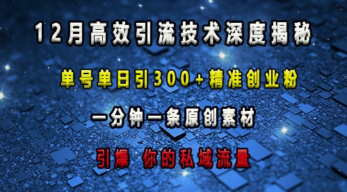 最新高效引流技术深度揭秘 ，单号单日引300+精准创业粉，一分钟一条原创素材，引爆你的私域流量-一号资源库