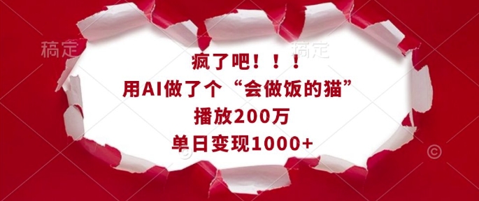 疯了吧！用AI做了个“会做饭的猫”，播放200万，单日变现1k-一号资源库