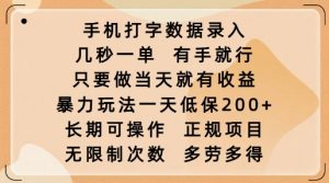 手机打字数据录入，几秒一单，有手就行，只要做当天就有收益，暴力玩法一天低保2张-一号资源库