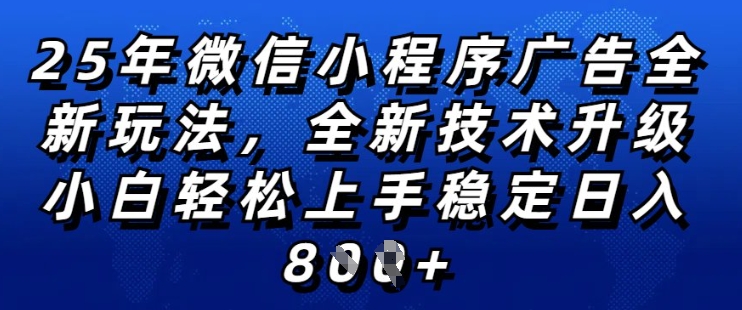 2025年微信小程序全新玩法纯小白易上手，稳定日入多张，技术全新升级，全网首发【揭秘】-一号资源库