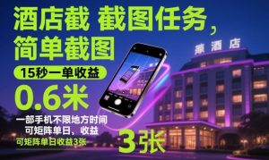 酒店截图任务，简单截图，15秒一单收益0.6米，一部手机不限地方时间，可矩阵单日收益3张【揭秘】-一号资源库