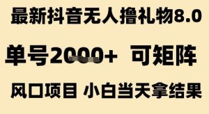 最新抖音无人撸礼物8.0，单号2k+，可矩阵风口项目，小白当天拿结果【揭秘】-一号资源库