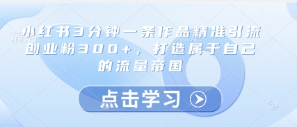 小红书3分钟一条作品精准引流创业粉300+，打造属于自己的流量帝国-一号资源库