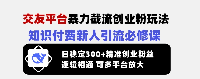 交友平台暴力截流创业粉玩法，知识付费新人引流必修课，日稳定300+精准创业粉丝，逻辑相通可多平台放大-一号资源库
