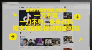 最新抖音搜索搬运教程，一刀不剪，条条过抖，推文短剧影视涨粉都可以-一号资源库