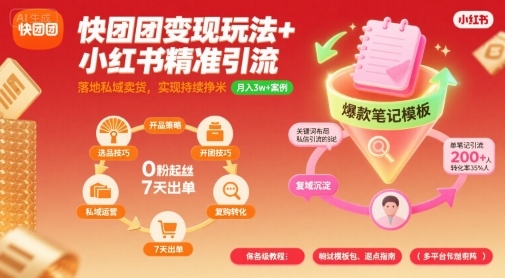 快团团变现玩法+小红书精准引流技巧，助你真正落地私域卖货，实现持续挣米-一号资源库