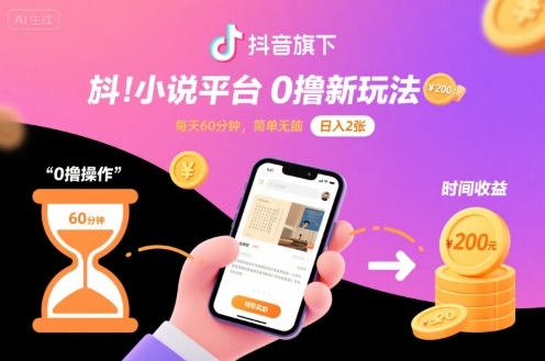 抖音旗下小说平台0撸新玩法，每天挂G60分钟，简单无脑，日入2张【揭秘】-一号资源库