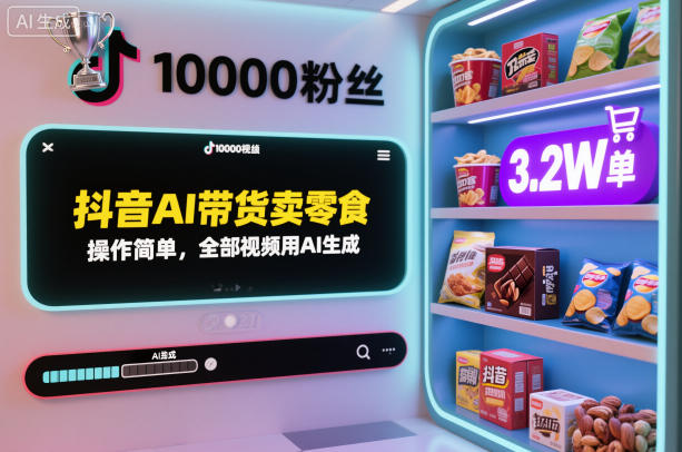 抖音AI带货卖零食，操作简单，全部视频用AI生成，一万粉丝，卖了3.2W单-一号资源库