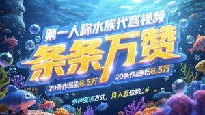 第一人称水族代言视频,条条万赞,20条作品涨粉7.8W,多种变现方式月入五位数-一号资源库