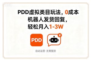 PDD虚拟类目玩法，0成本，机器人发货回复，轻松月入1-3W-一号资源库