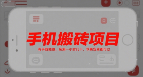 手机搬砖项目，有手就能做，亲测一小时几十，苹果安卓都可以-一号资源库
