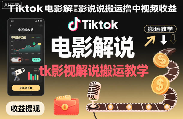 Tiktok电影解说搬运撸中视频收益，tk影视解说搬运教学-一号资源库