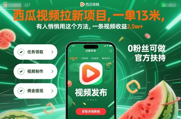 西瓜视频拉新项目，一单13米，有人悄悄用这个方法，一条视频收益2.5w+（附详细教程）-一号资源库