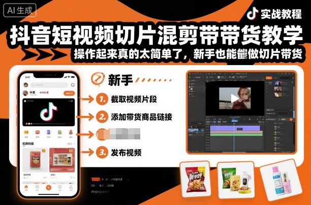 抖音短视频切片混剪带货教学，操作起来真的太简单了，新手也能做切片带货-一号资源库