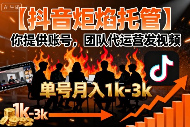 【抖音炬焰托管】你提供账号，团队代运营发视频，单号月入1k+【揭秘】-一号资源库