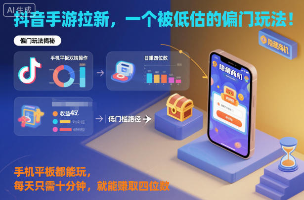 抖音手游拉新，一个被低估的偏门玩法！手机平板都能玩，每天只需十分钟，就能賺取四位数【揭秘】-一号资源库