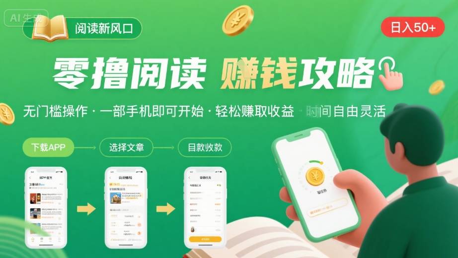 零撸阅读新风口，无门槛轻松挣，一部手机，日入 50-3张【揭秘】-一号资源库