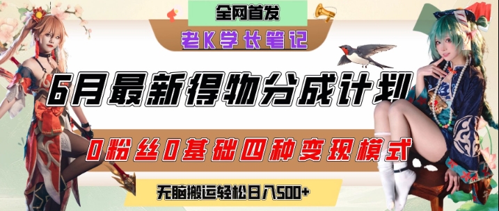 6月份最新得物创作者分成计划2.0玩法，0粉丝0基础四种模式变现，从隐蔽渠道无脑搬运，日入2张-一号资源库