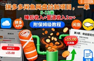 拼多多闲鱼网盘拉新项目，一单5-15米，睡后收入+管道收入1w+（附保姆级教程）-一号资源库